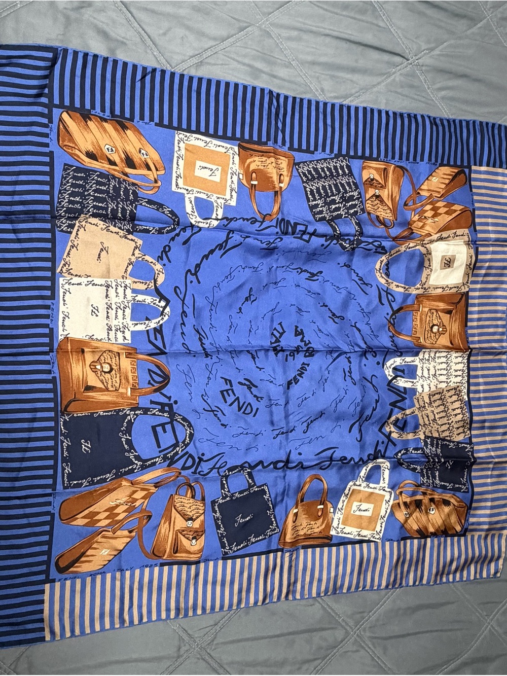 Fendi Blue Striped Silk Scarf with Tan Logo Tag - Picture 1 of 7